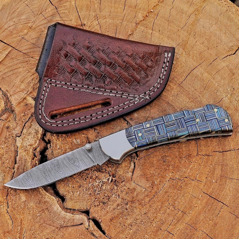 BE BREAK EDGE Damascus Steel Folding EDC Knife with Blue Geometric Pattern Handle, Handcrafted Steel, Tactical Outdoor, use in Camping Hunting and Crafting, Best Gift for Boy Friend. - Image 4
